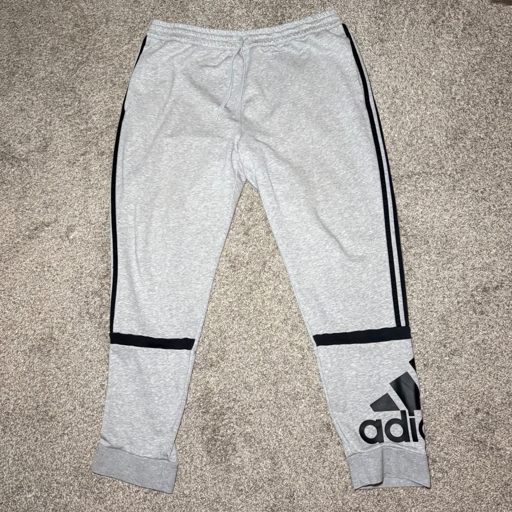 Adidas Mens Gray Heather 3 Stripe Graphic Logo Jogger Sweatpants Size 2XL